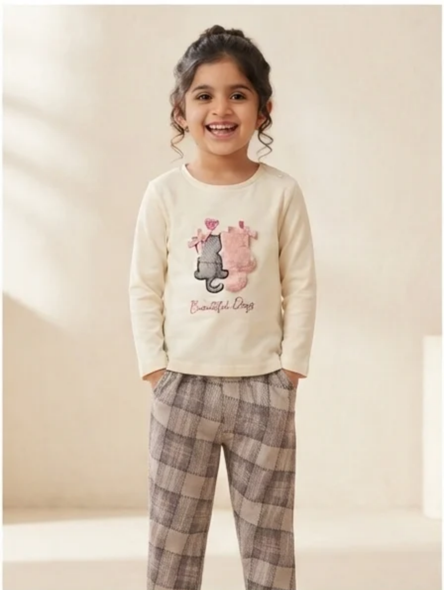 Girls Cream Cat Appliqué Top & Plaid Trousers Set