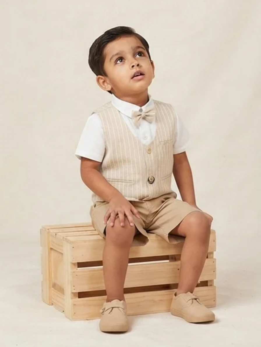 Premium Boy's Beige Pinstripe Waistcoat and Shorts Set with Bow Tie