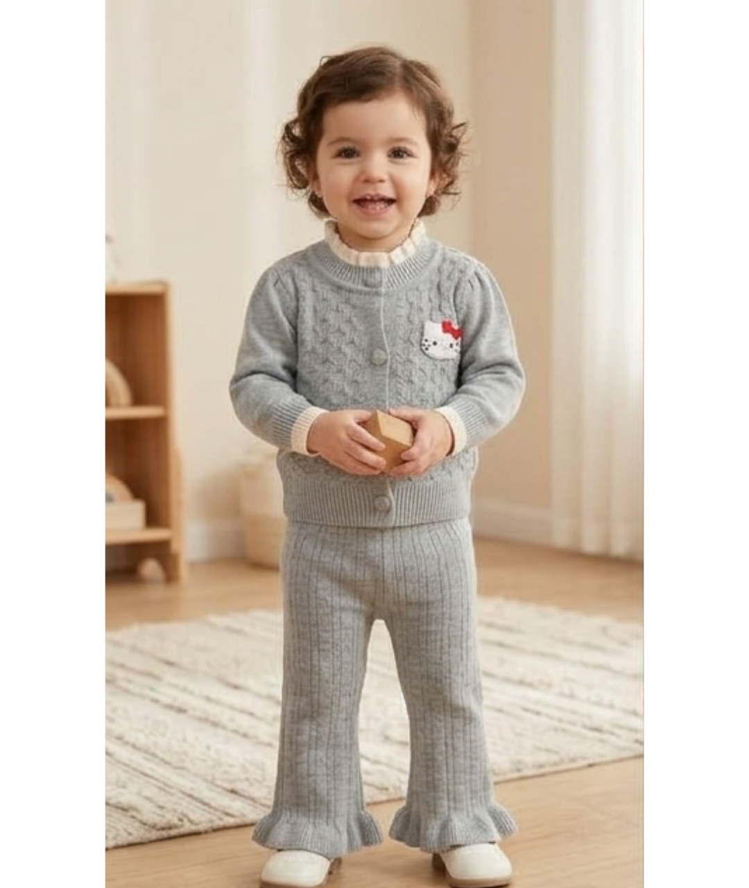 Toddler Girls Ruffle Collar Knit Sweater & Flared Pants Set – Heather Grey
