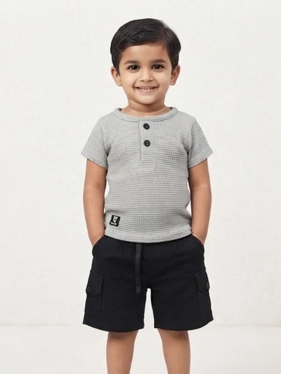 Boys Textured Grey Tee & Black Cargo Shorts Set