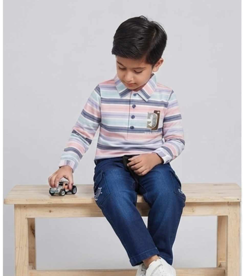 Pastel-Striped Polo with Dark Denim Cargo Set