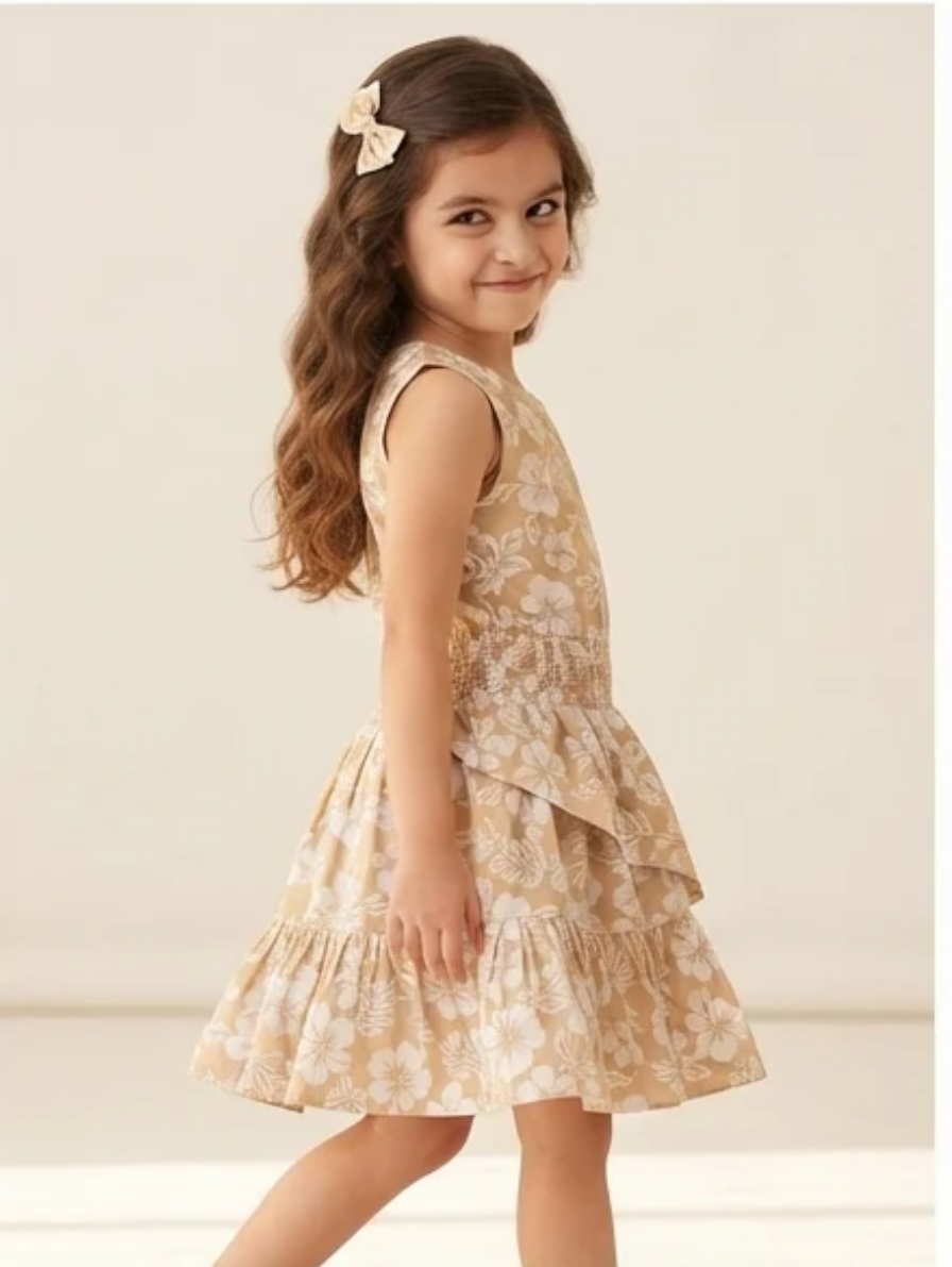 Girls' Tan Floral Print Sleeveless Ruffled Tiered Dress