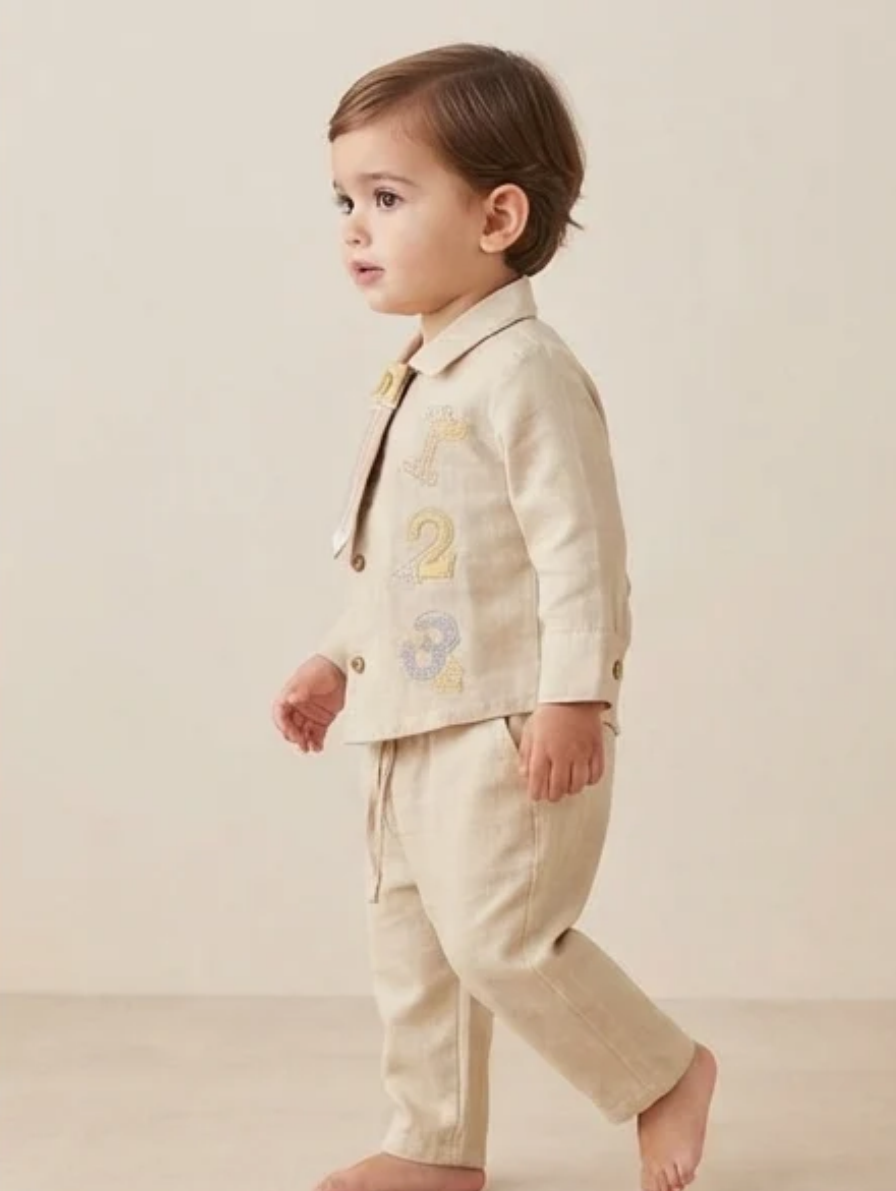 Beige Linen-Blend Long-Sleeve Set with Attached Necktie and Number Embroidery
