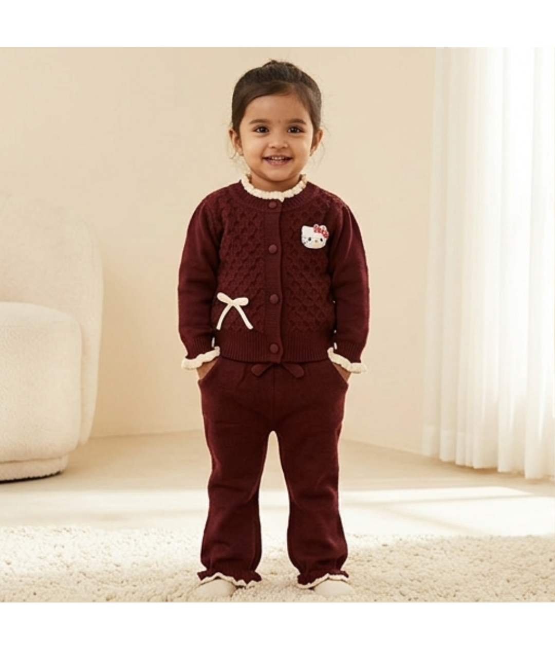 Toddler Girls Ruffled Knit Sweater & Pants Co-Ord Set – Maroon