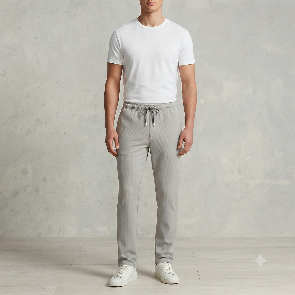 Light Grey Ribbed-Texture Casual Trousers
