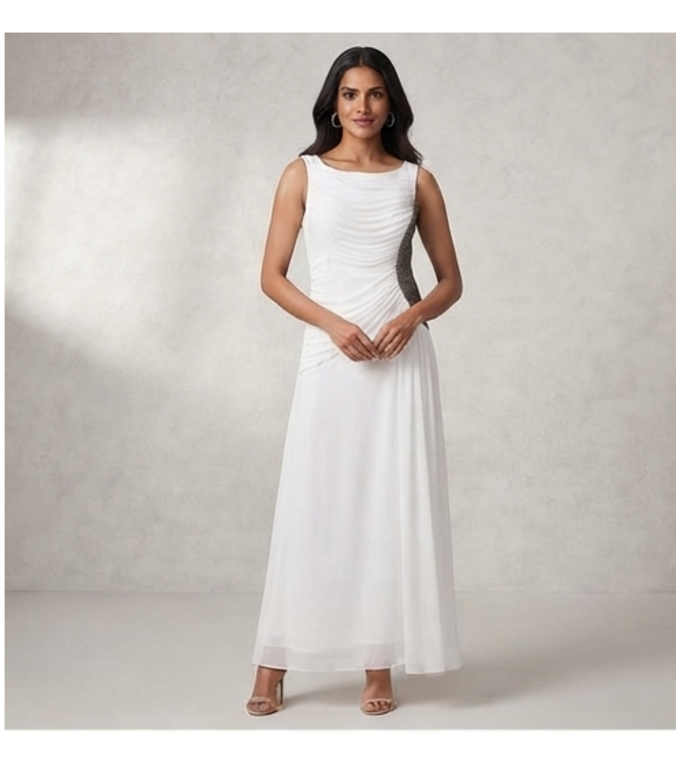 Ethereal White Draped Maxi Dress with Beaded Side Panel