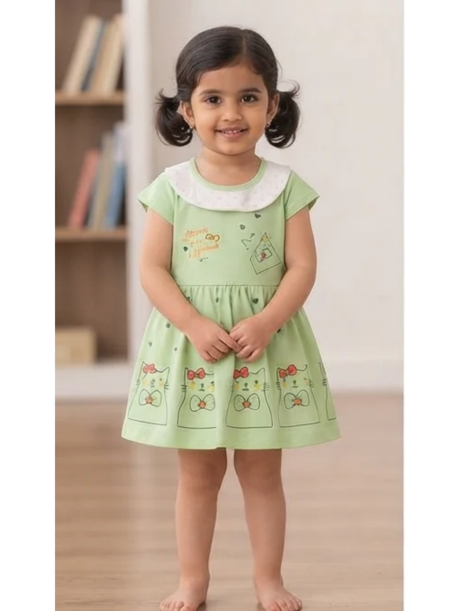 Little Wings Green Cat Print Frock & Bloomer Set