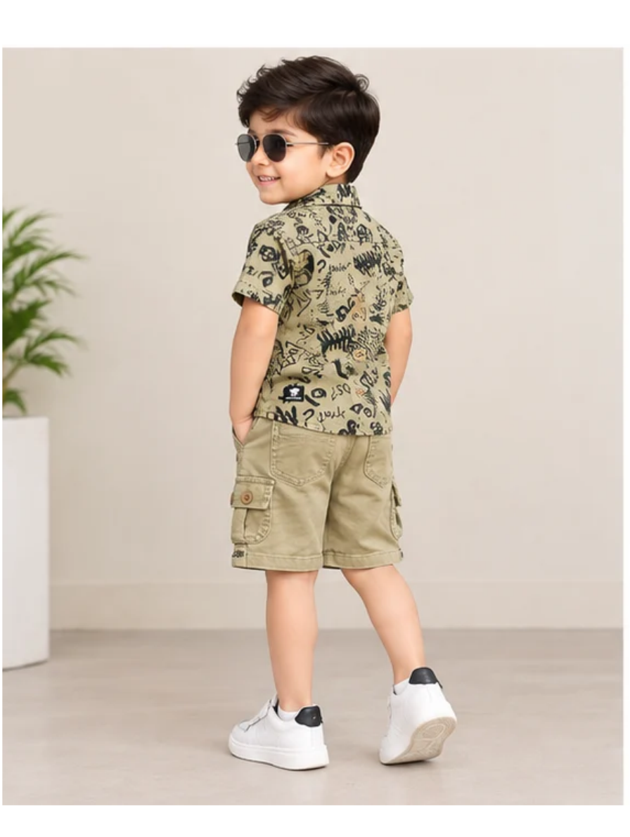 Kids Printed Cotton Shirt & Cargo Shorts Set