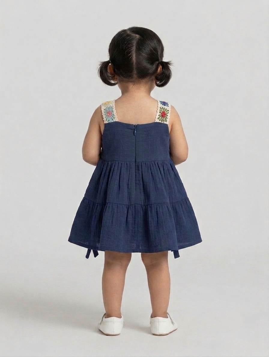 Girls Navy Blue Tiered Sundress with Embroidered Straps