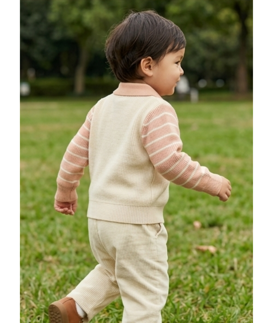 Classic Knit Collared Toddler Cardigan – Cream & Warm Tan