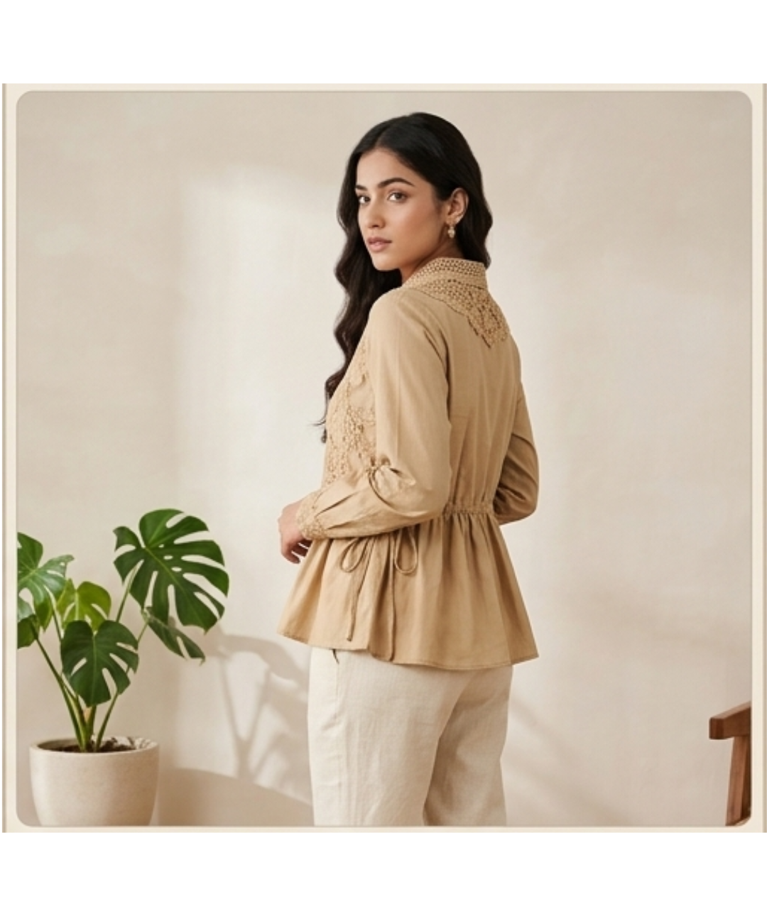 Women's Beige Floral Lace Overlay Button-Down Blouse with Crochet Collar and Side Ties