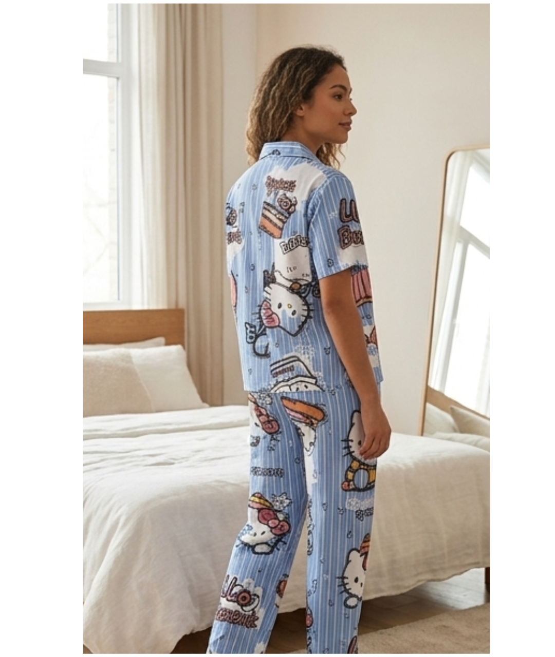 Sky Blue Striped Kitty & Dessert Graphic Printed Cotton Night Suit Set