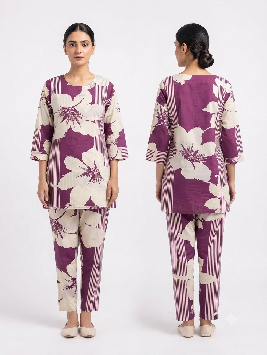 Purple Floral & Stripe Print Cotton Co-Ord Set