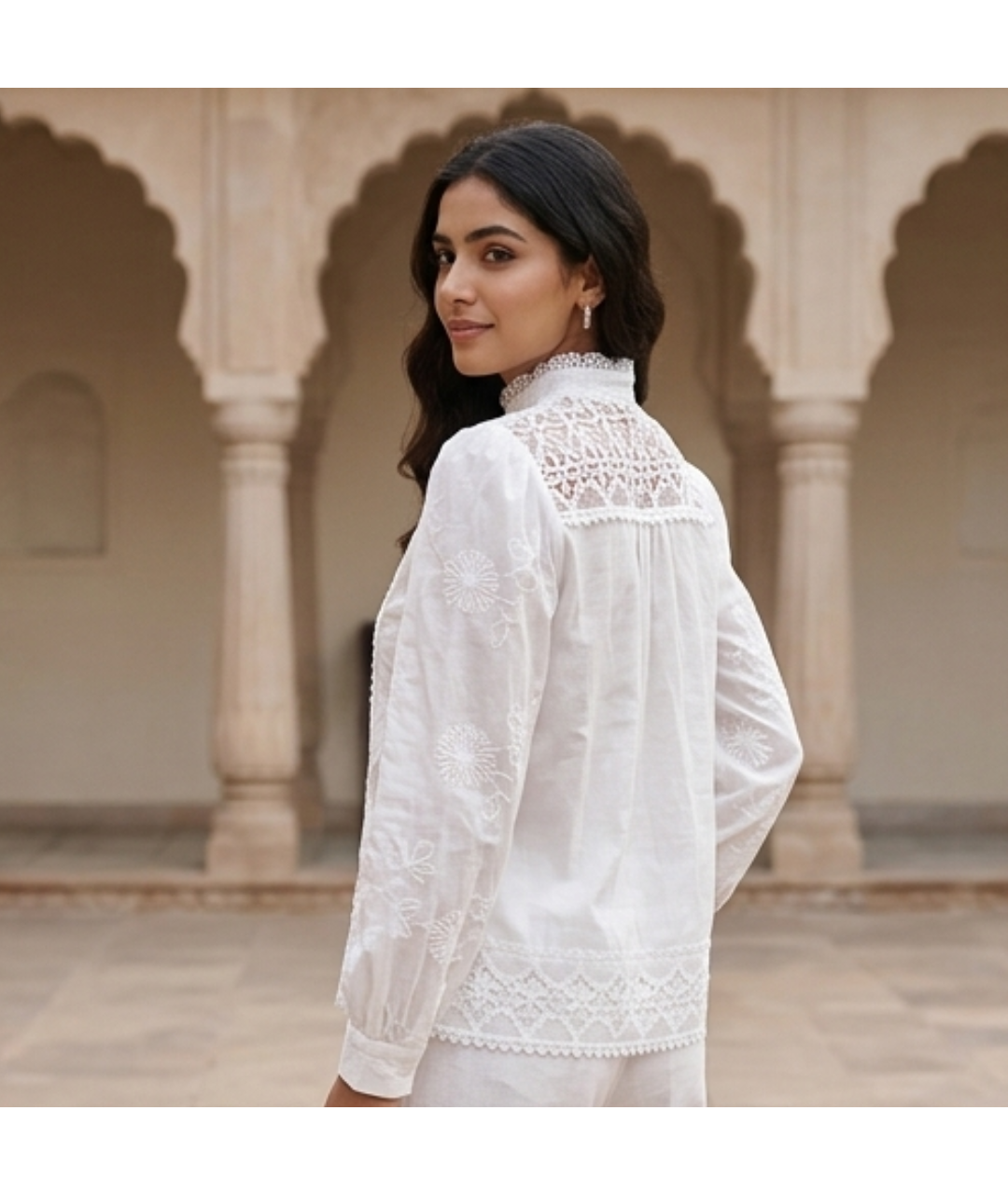 Women's Pristine White High-Neck Cotton Lace & Cutwork Embroidery Blouse