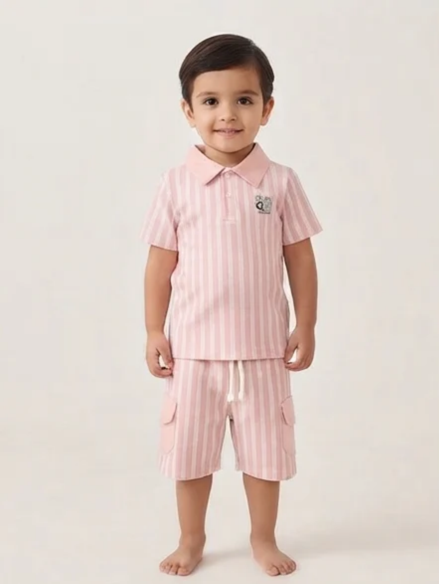 Dusty Pink Striped Polo Shirt & Cargo Shorts Set