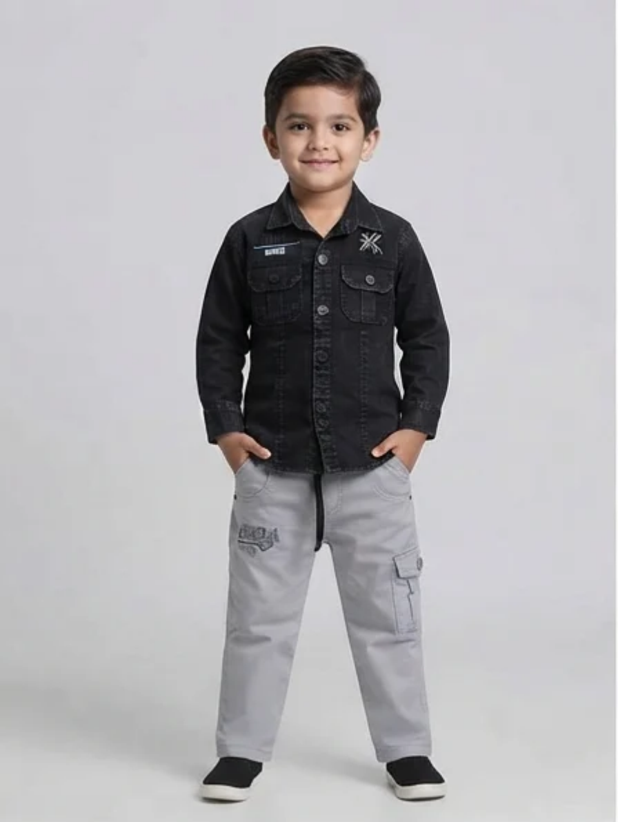 Black Denim Shirt & Grey Cargo Pants Set