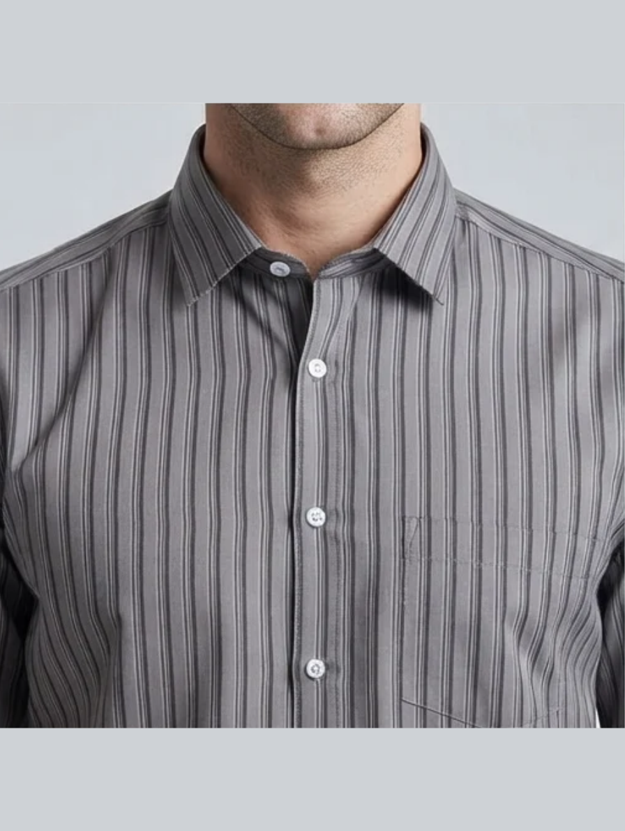 Classic Grey Vertical-Stripe Formal Cotton Shirt for Men