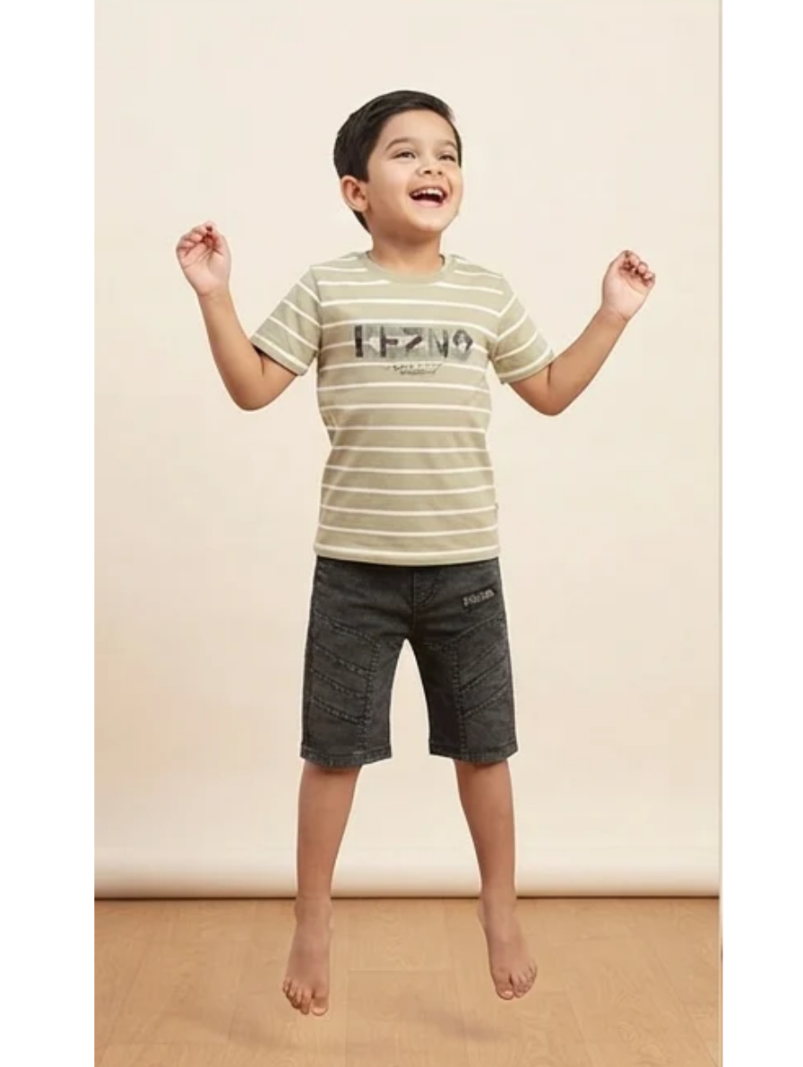 Boys' Olive Striped T-Shirt & Black Denim Shorts Set