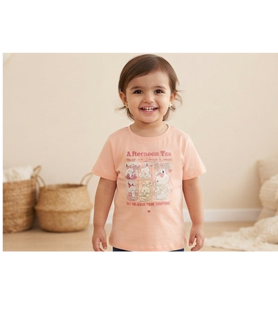 "Afternoon Tea" Graphic Peach T-Shirt for Kids