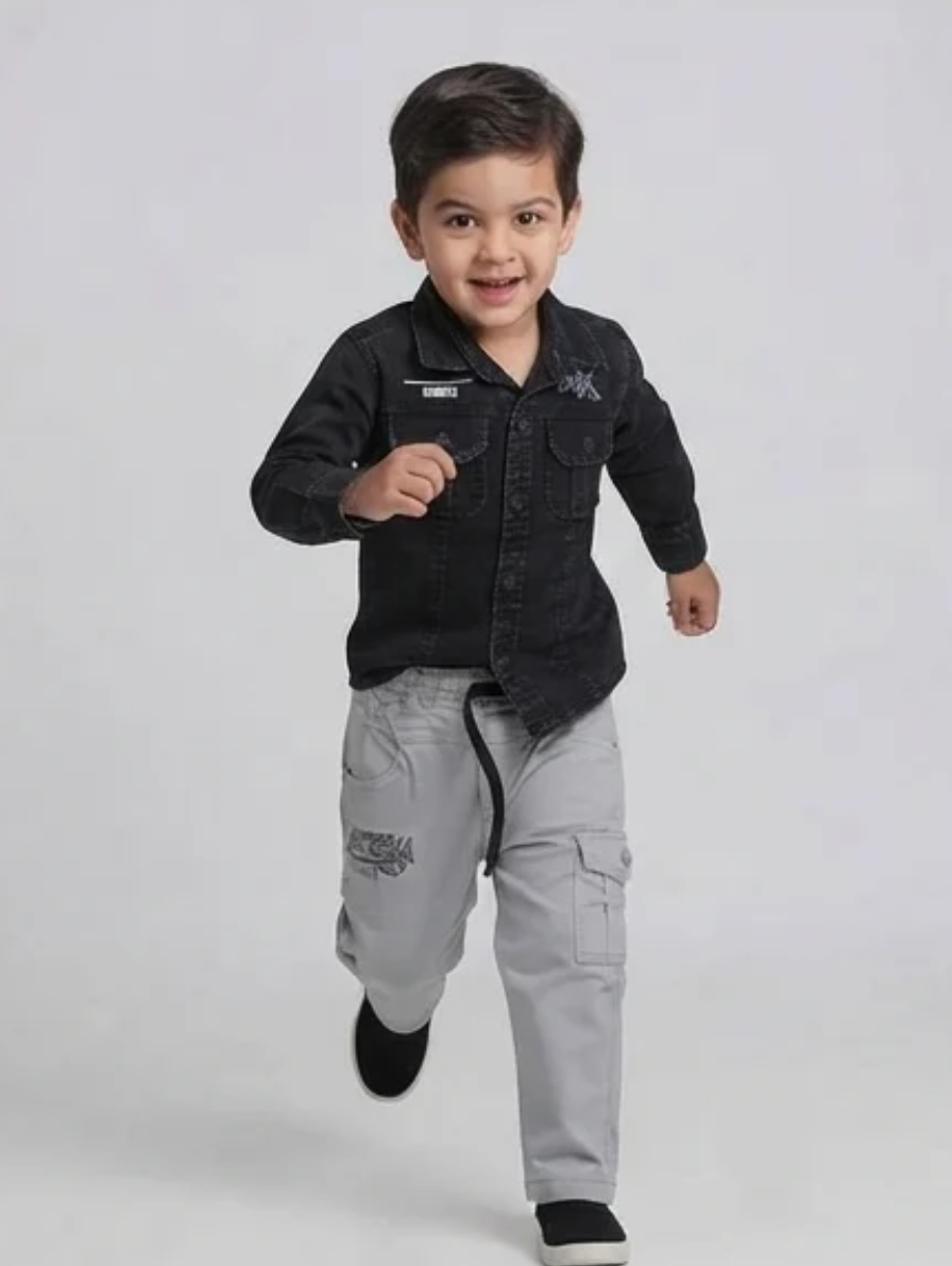 Black Denim Shirt & Grey Cargo Pants Set
