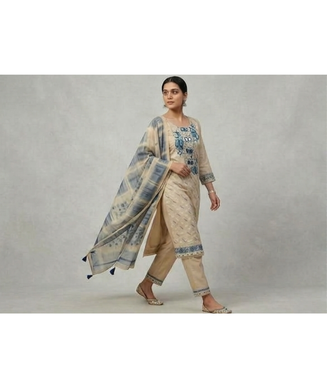 Beige Chanderi Silk Kurta Set with Mirror Work & Slate Blue Printed Dupatta