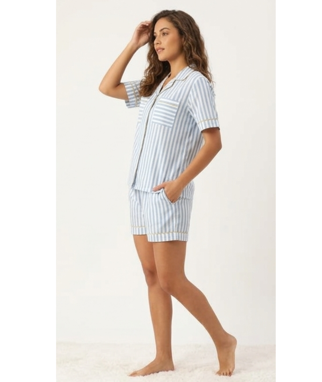 Sky Blue Candy-Striped Printed Cotton Night Suit Set