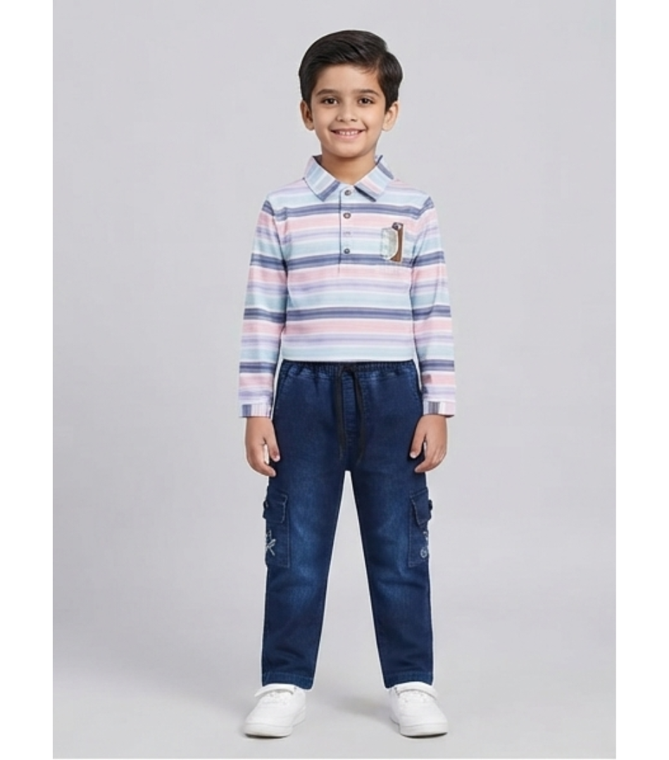 Pastel-Striped Polo with Dark Denim Cargo Set