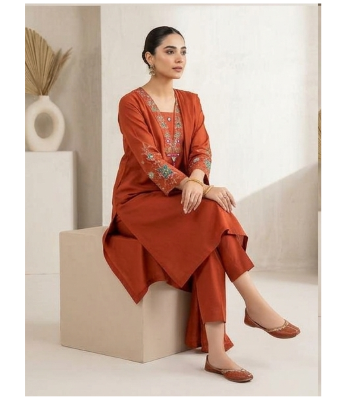 Rust Orange Embroidered V-Neck Kurta Set with Dupatta