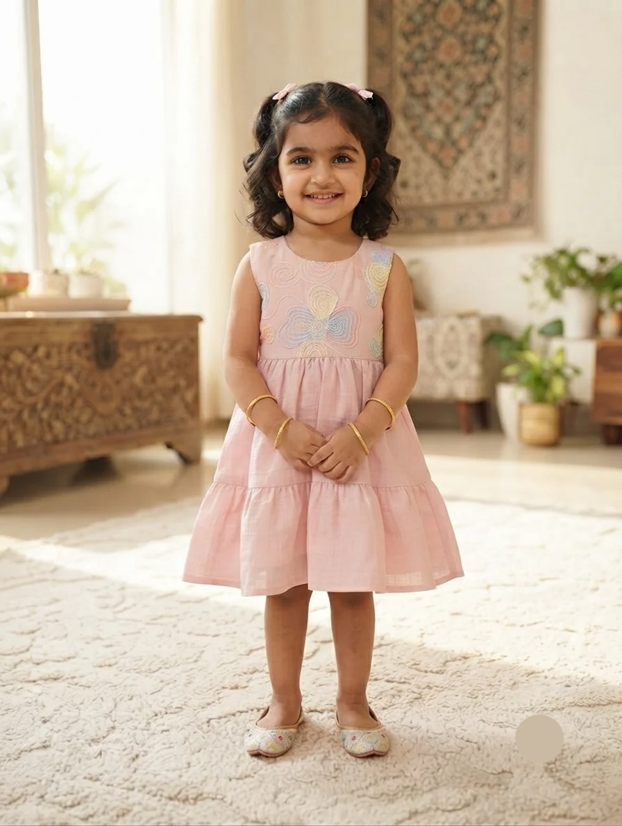 Pastel Pink Tiered Dress with Multi-Color Spiral Floral Embroidery