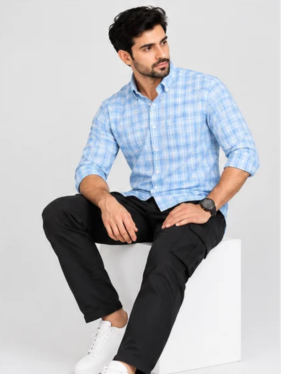 Men's Light Blue Checked Casual Shirt