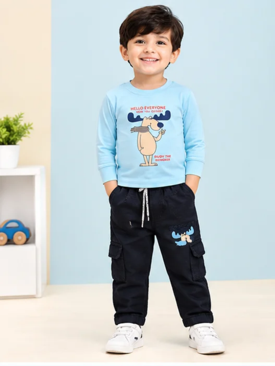 Light Blue Long-Sleeve "Rudy The Reindeer" Graphic T-Shirt & Charcoal Cargo Pants Set