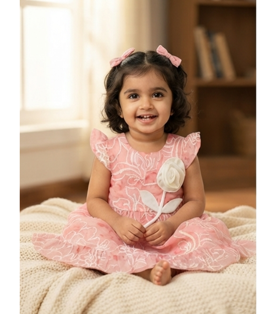 Pink Floral Embroidered Organza Dress for Toddlers