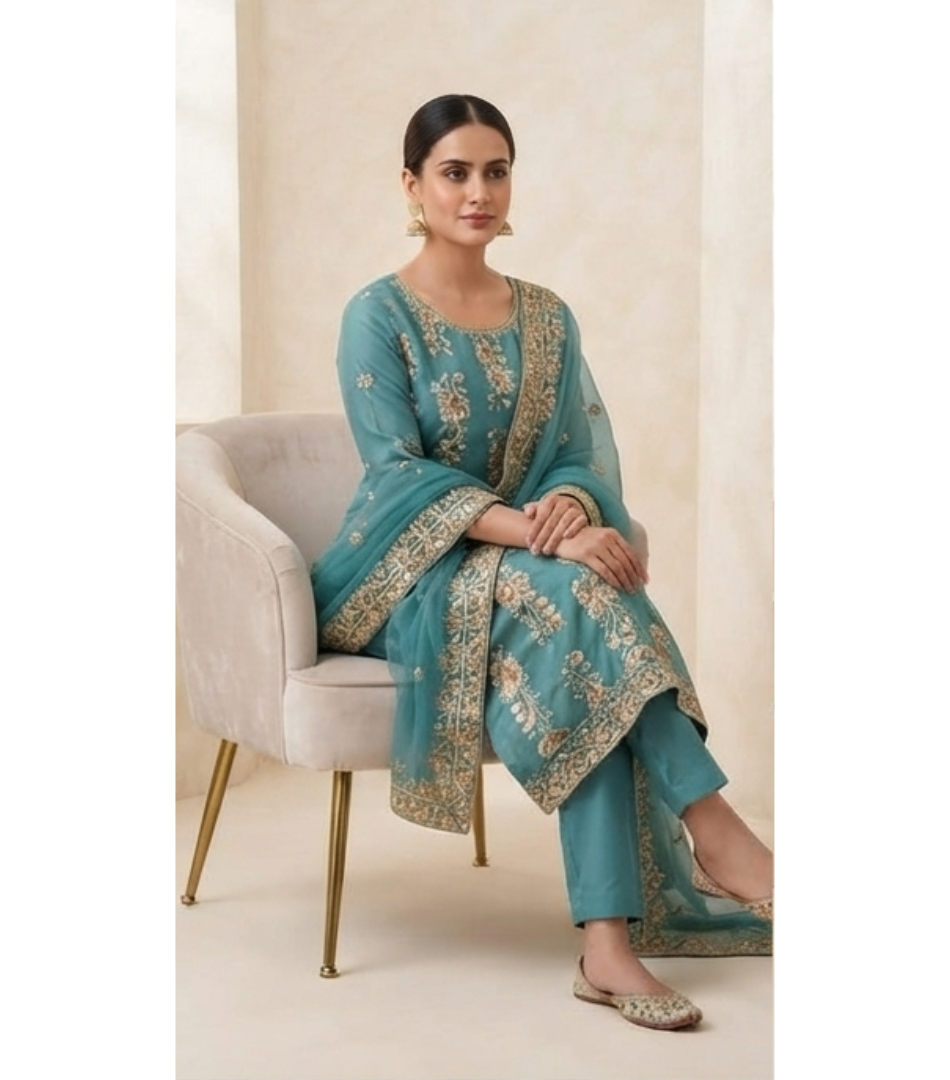 Teal Blue Striped & Embroidered Straight Kurta Set with Heavy Dupatta