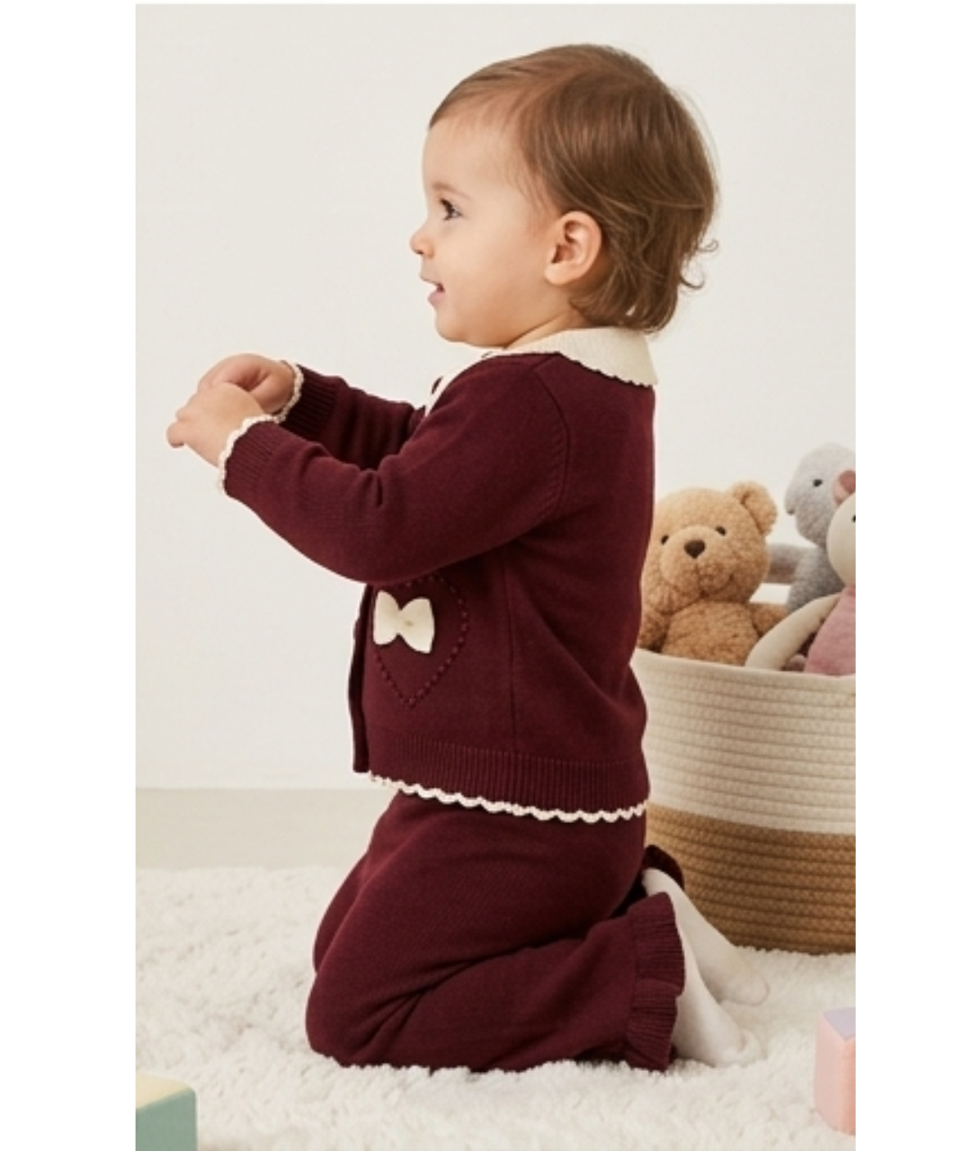 Toddler Girls Bow & Heart Knit Cardigan Co-Ord Set – Deep Burgundy