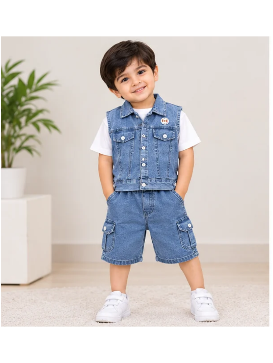 Boys Denim Vest, Tee & Cargo Shorts Set