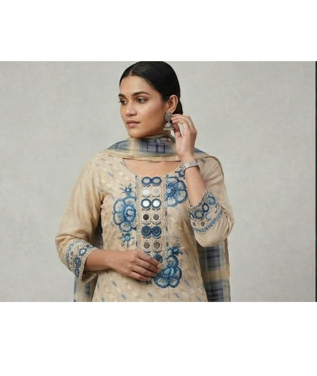 Beige Chanderi Silk Kurta Set with Mirror Work & Slate Blue Printed Dupatta