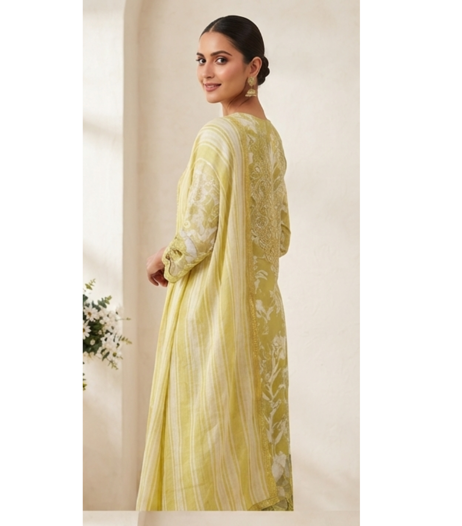 Chartreuse Printed & Embroidered Straight Kurta Set with Striped Dupatta