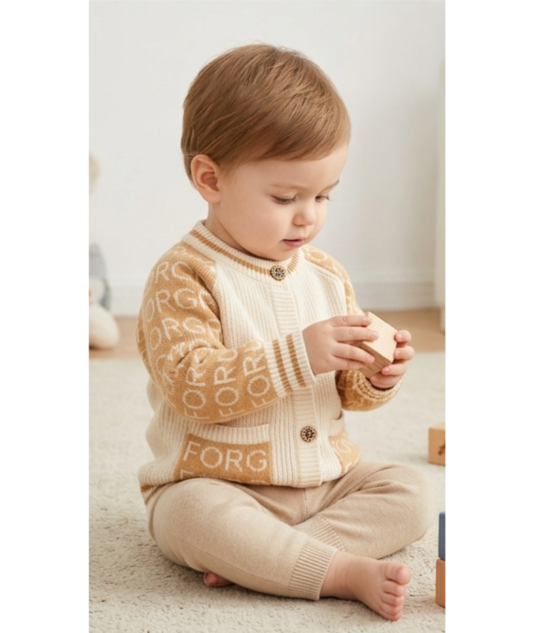 Classic Lettered Knit Toddler Cardigan – Cream & Mustard Yellow