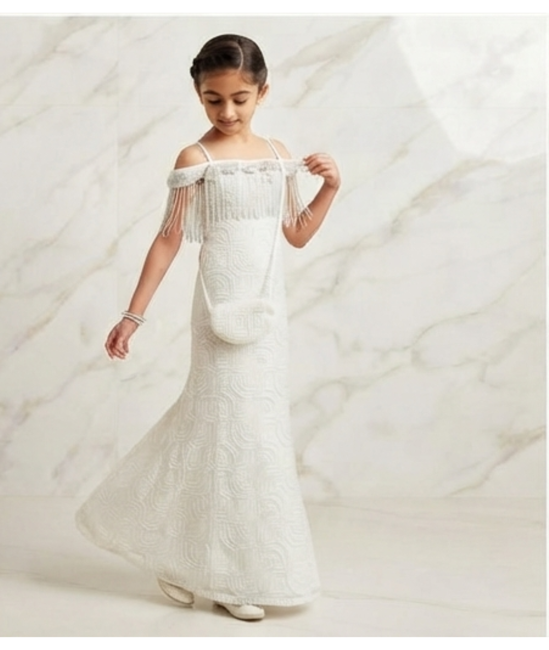 Gazab Clothing Elegant Off-Shoulder Beaded Fringe Long Dress with Shoulder Straps & Matching Bag
