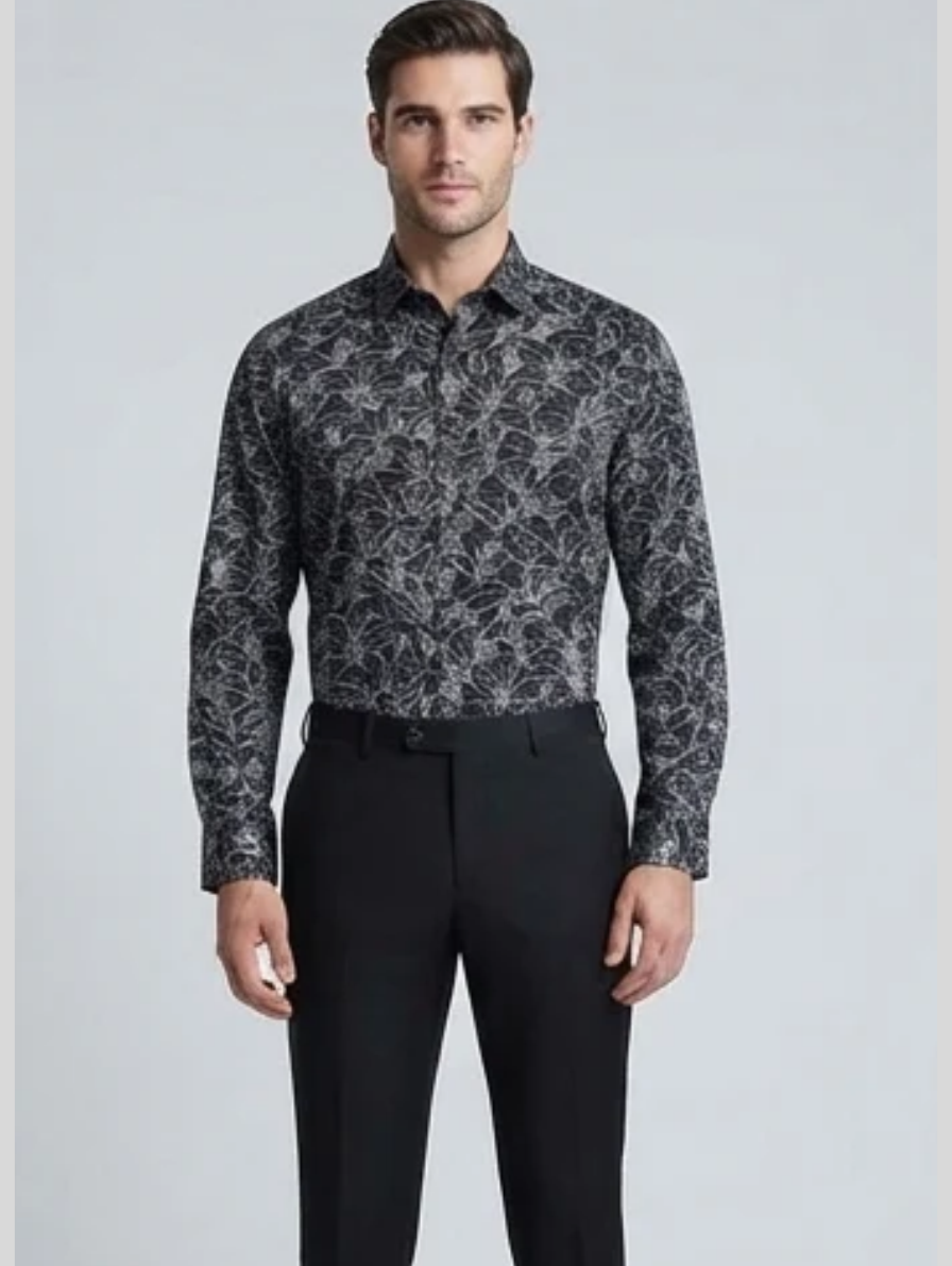 Premium Black Floral-Print Slim-Fit Long-Sleeve Shirt