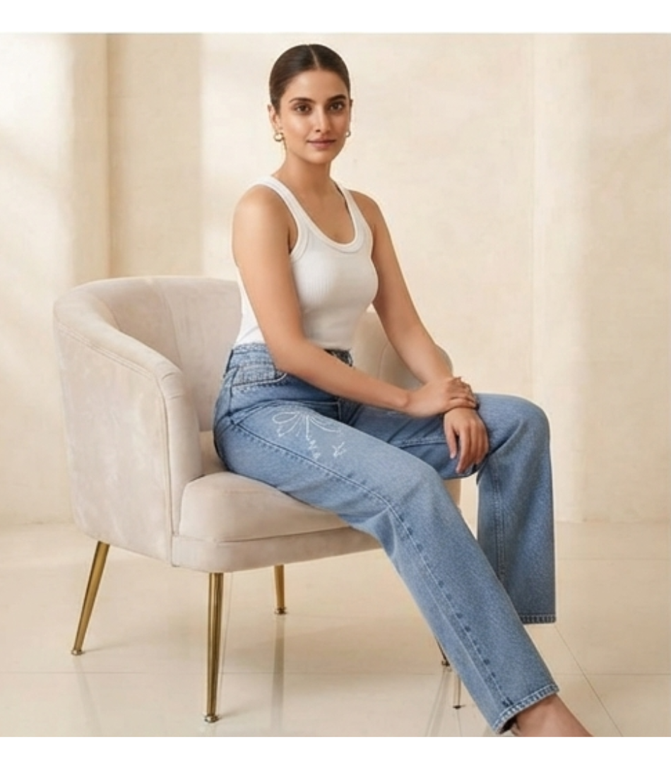 Embroidered High-Rise Straight-Leg Denim Jeans