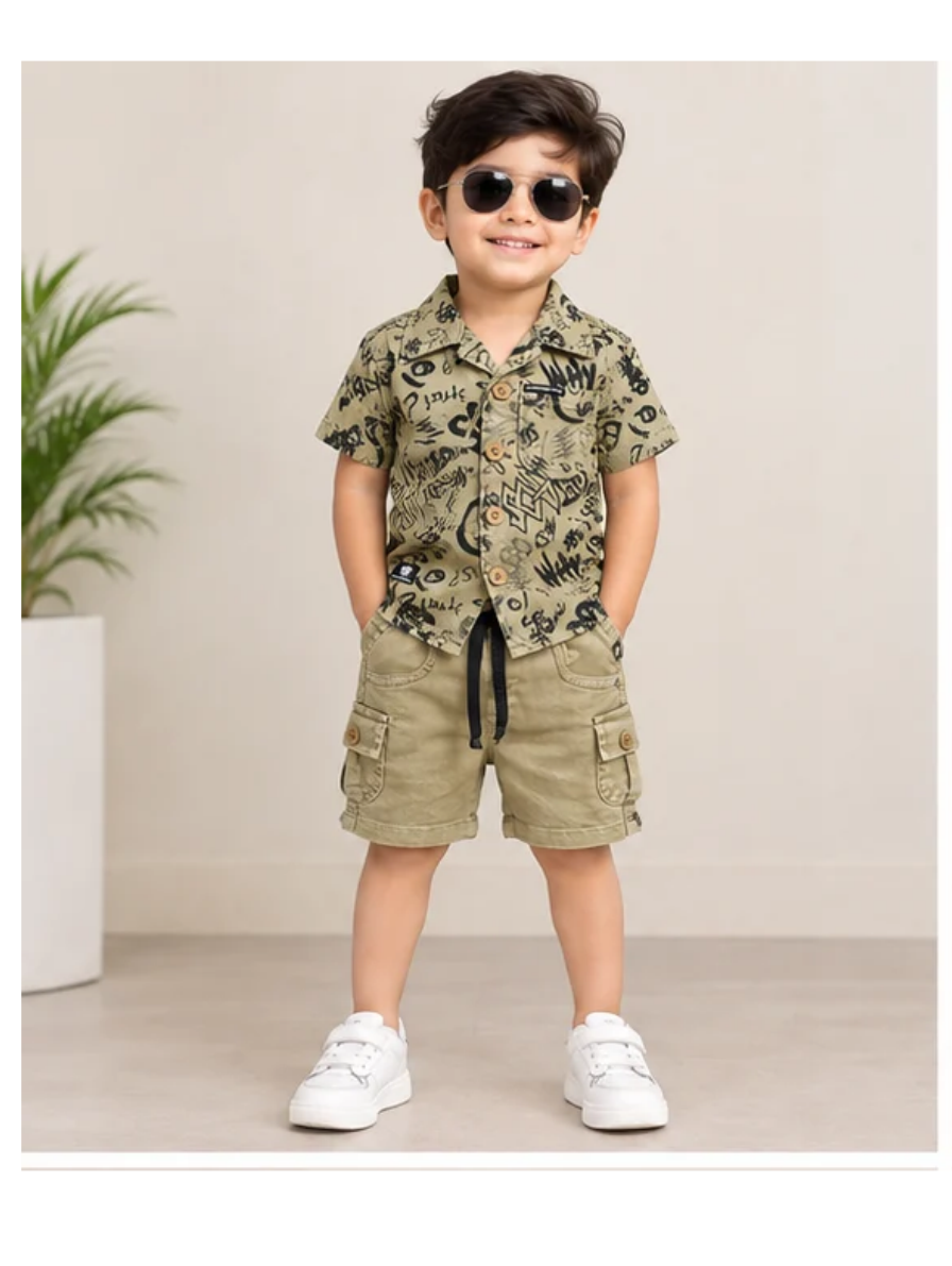 Kids Printed Cotton Shirt & Cargo Shorts Set