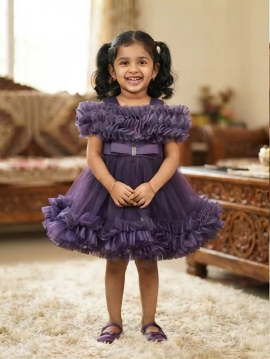 Elegant Deep Purple Off-the-Shoulder Tulle Ruffle Party Dress with Crystal-Accented Bow