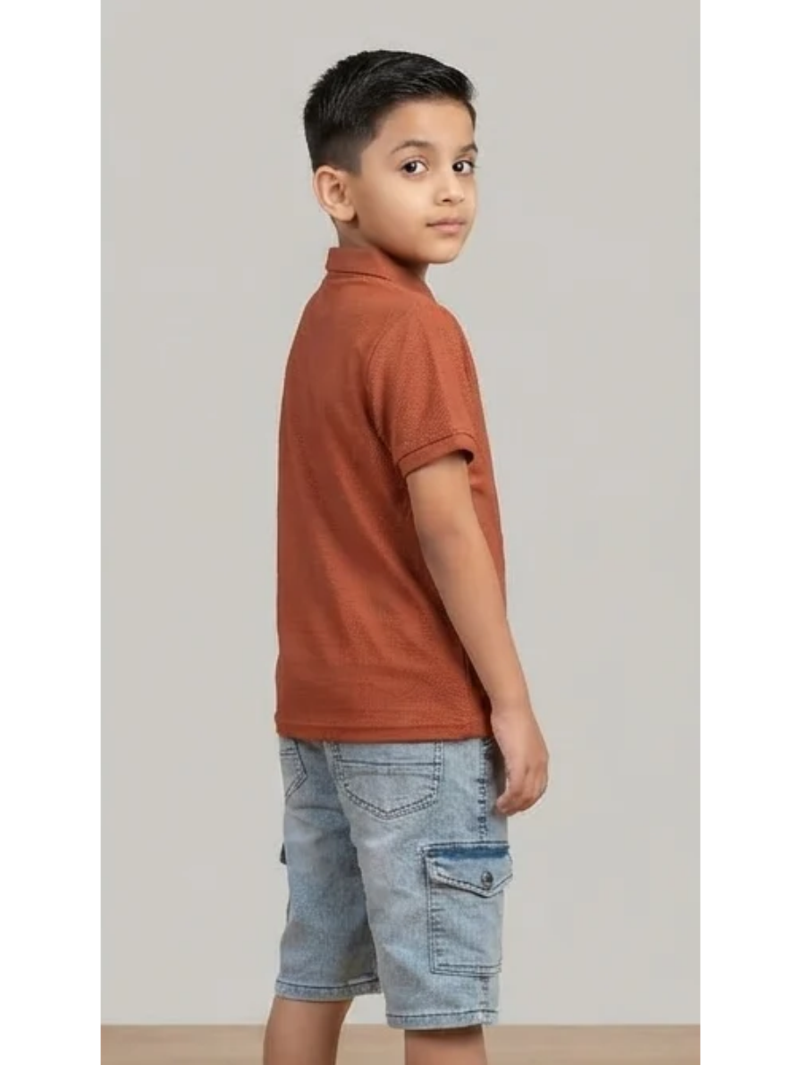 Textured Rust Polo & Light Denim Cargo Shorts Set