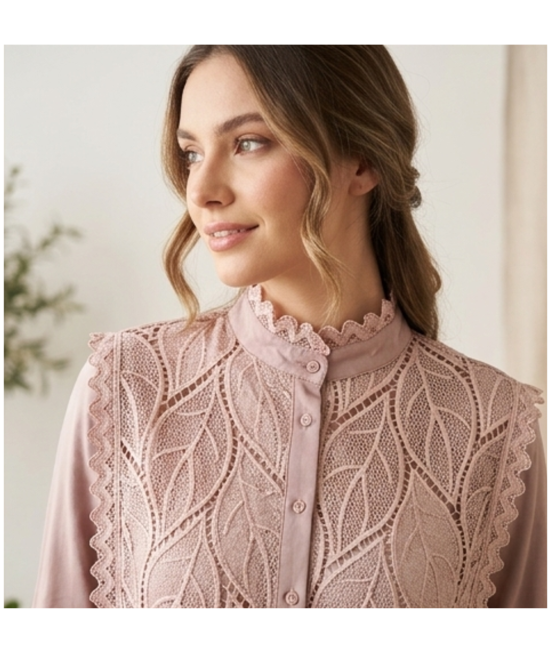 Victorian-Inspired Mauve Modal Blouse with Leaf-Lace Overlay and Tie Details