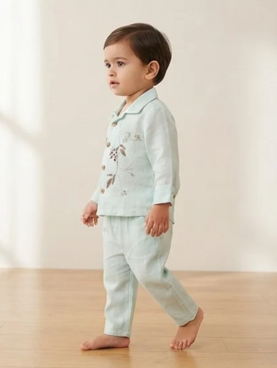 Mint Green Leaf-Embroidered Cotton Two-Piece Long-Sleeve Set
