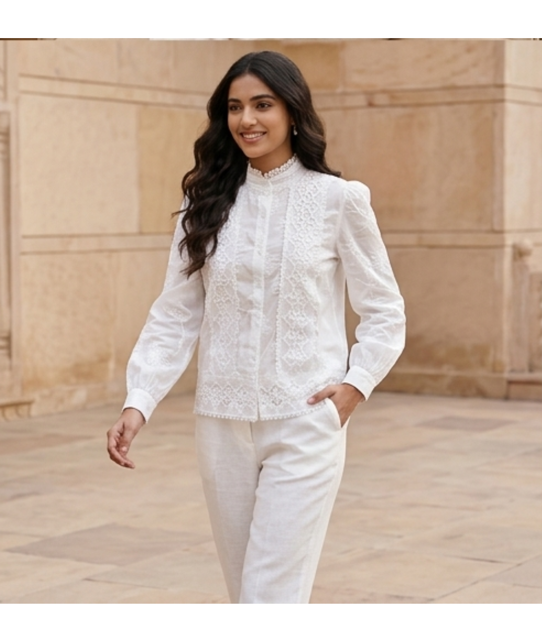 Women's Pristine White High-Neck Cotton Lace & Cutwork Embroidery Blouse