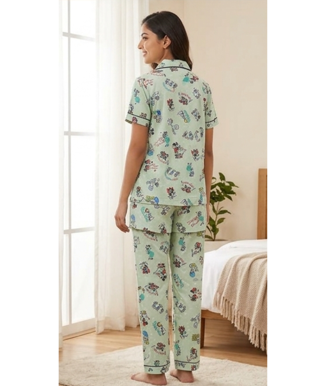 Mint Green Classic Cartoon Character Printed Cotton Night Suit Set