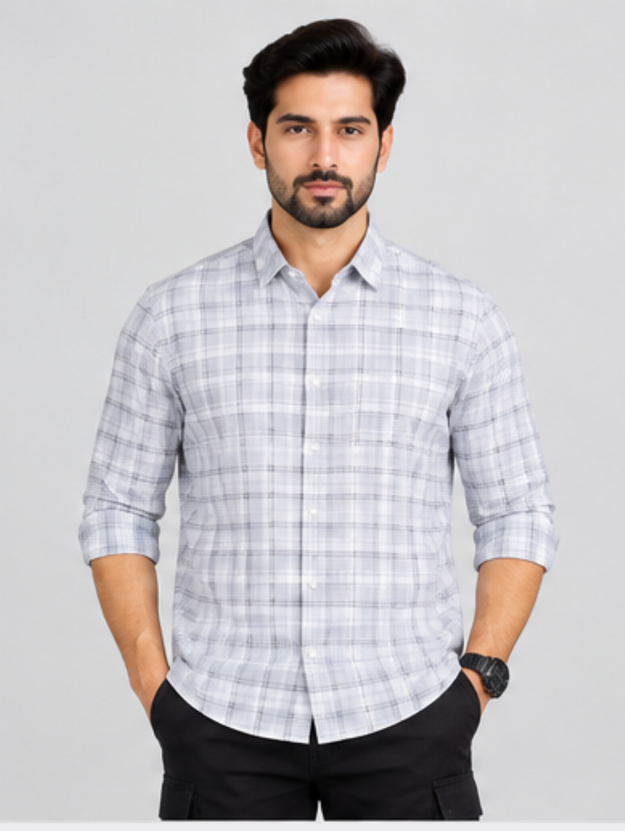 Men's Light Grey Checked Casual Shirt