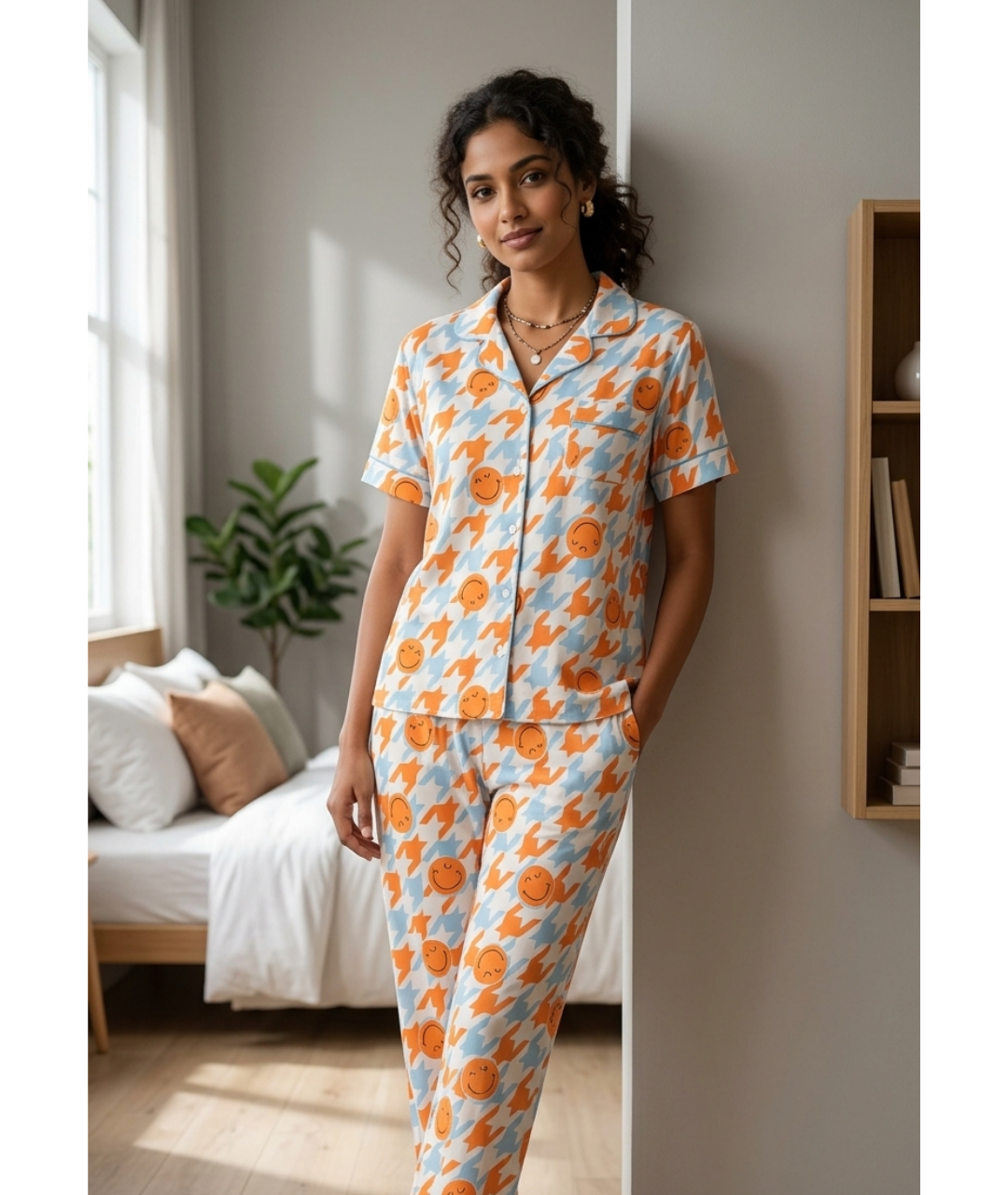 Playful Houndstooth & Smiley Face Printed Cotton Pajama Night Suit Set